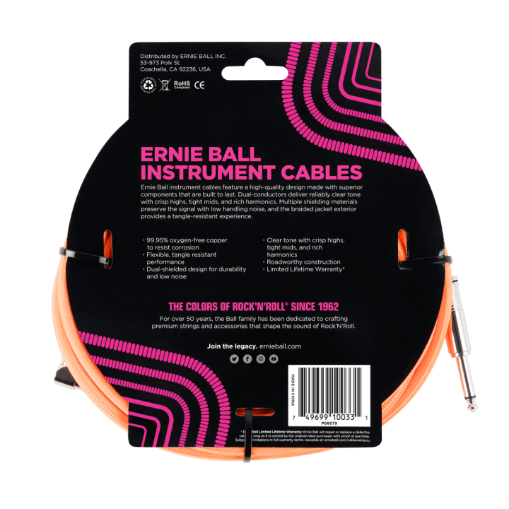 Acquista ERNIE BALL 6079 10' (3.05m) Braided Straight / Angle Instrument Cable - Neon Orange online | Merula Strumenti Musicali