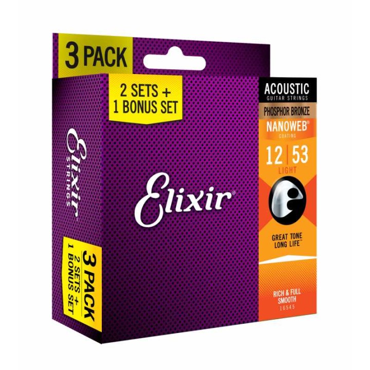 Acquista ELIXIR 16545 3x2 Pack 12-53 Acoustic Phosphor Bronze Nanoweb online | Merula Strumenti Musicali