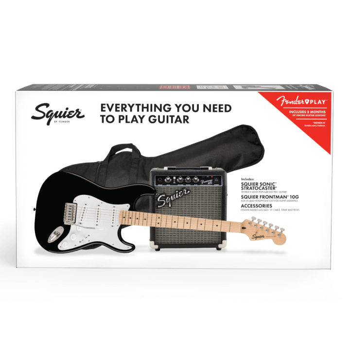 Acquista SQUIER Sonic Stratocaster Pack, Maple Fingerboard, Black, Gig Bag, 10g online | Merula Strumenti Musicali