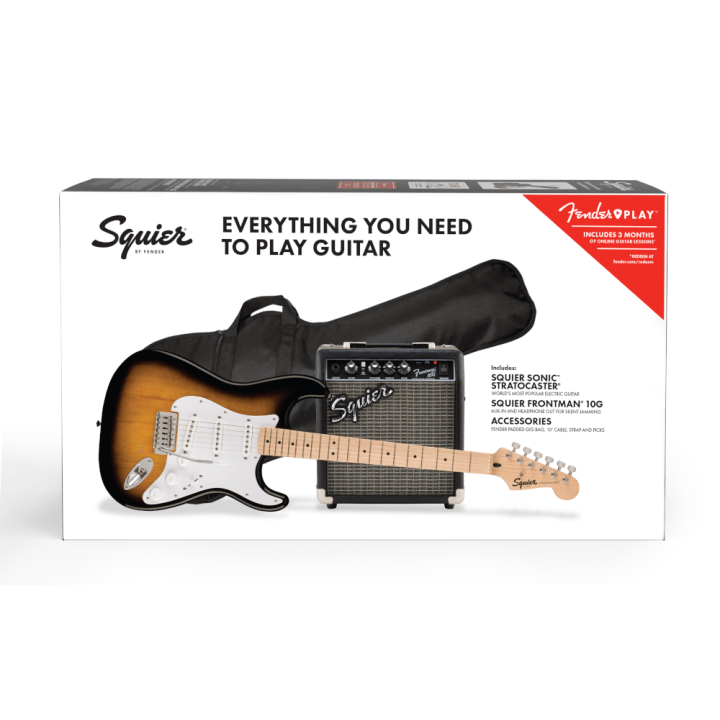 Squier | Squier Sonic Stratocaster Pack, Maple Fingerboard, 2 Color Sunburst, Gig Bag, 10G Starter pack per principianti