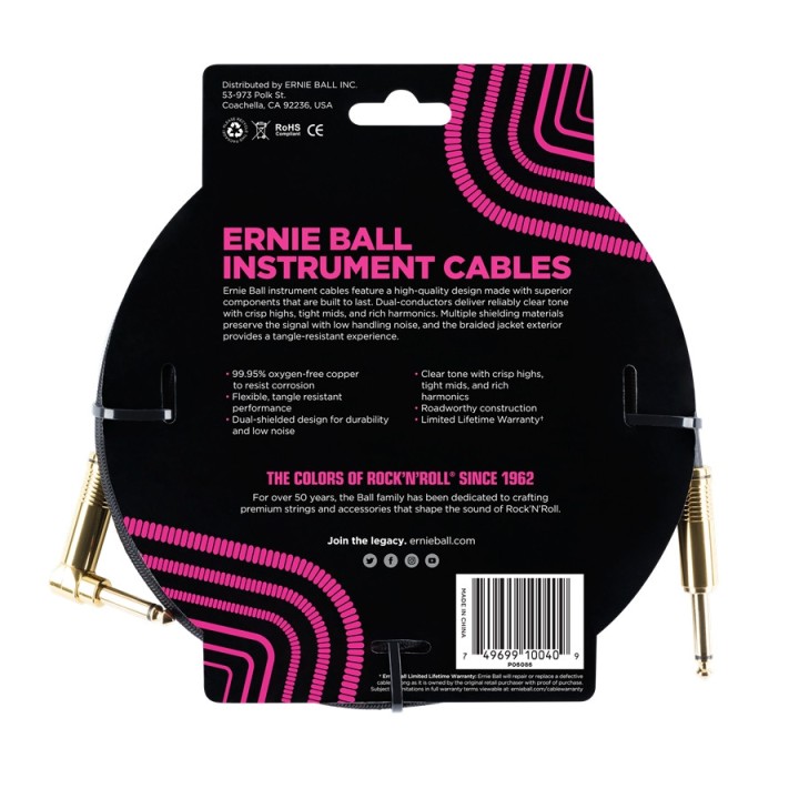Ernie Ball - 6086 Cavo Braided Black Gold Tips 5,49 m
