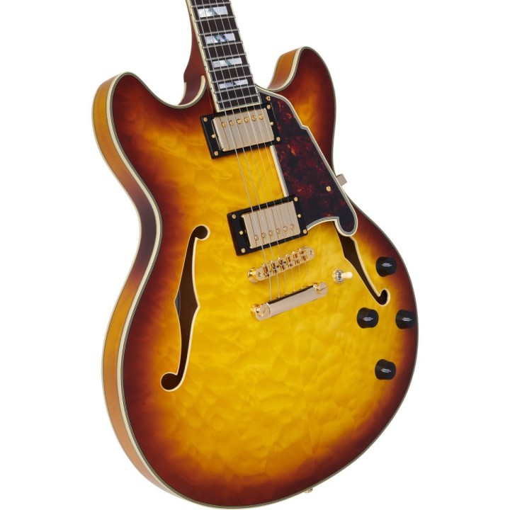 D'Angelico Excel DC XT, Iced Tea Burst Quilt - Chitarra elettrica semi-hollow body