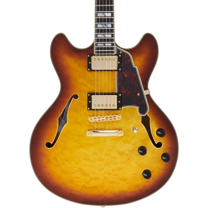 D'Angelico Excel DC XT, Iced Tea Burst Quilt - Chitarra elettrica semi-hollow body