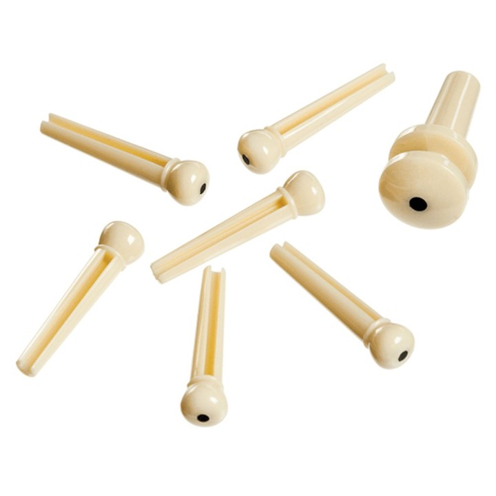 D'Addario - PWPS12 Injected Molded Bridge Pins With End Pin, Set Of 7, Ivory With Ebony Dot