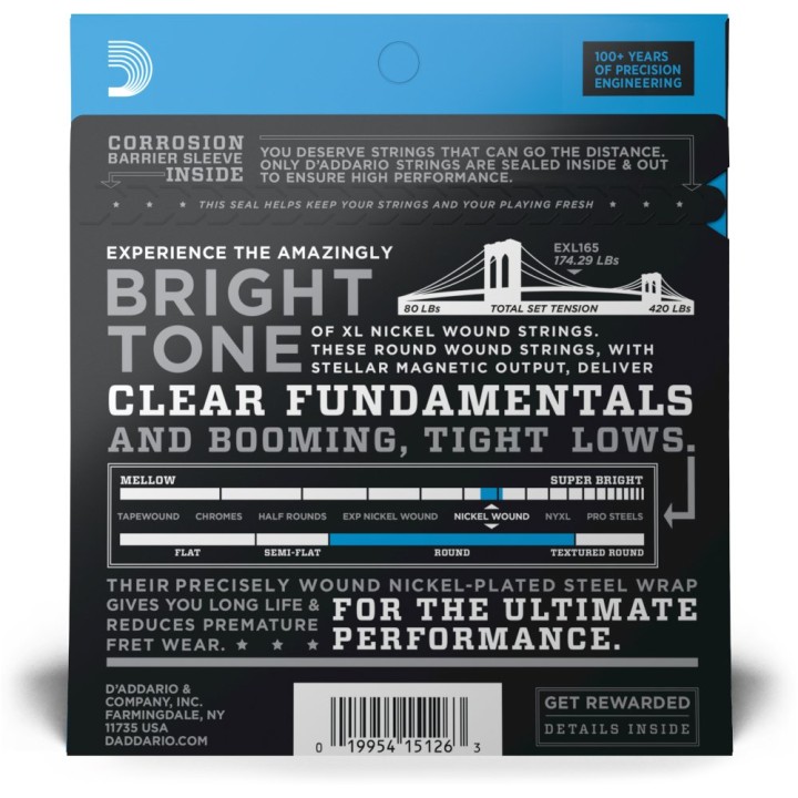 D'Addario - EXL165 Corde per Basso, Nickel Wound Custom Light Long Scale