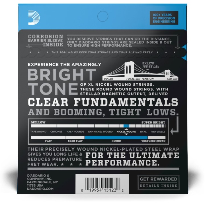 D'Addario - EXL170 Corde per Basso, Nickel Wound, Light, Long Scale