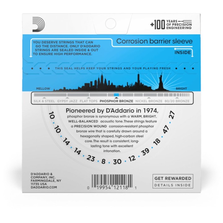 D'Addario - EJ38 Corde per Chitarra Acustica in Bronzo, 12 corde, Light, 10-47