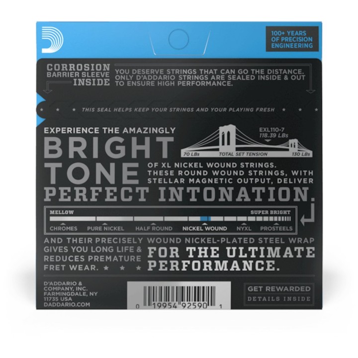 D'Addario - EXL110-7 Corde per Chitarra Elettrica, 7 corde, Nickel Wound