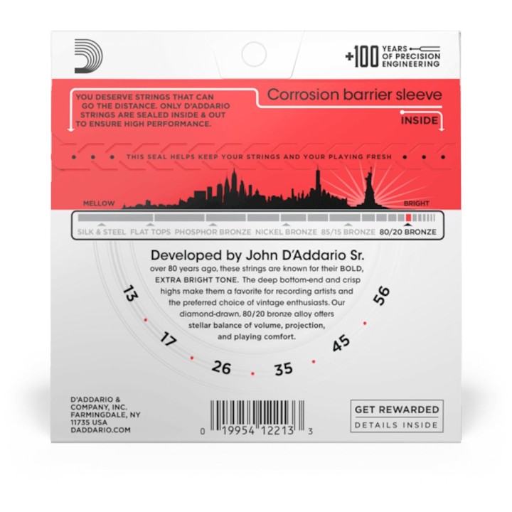 D'Addario - EJ12 Corde per Chitarra Acustica, Rivestimento in Bronzo 80/12, Medium, 13-56