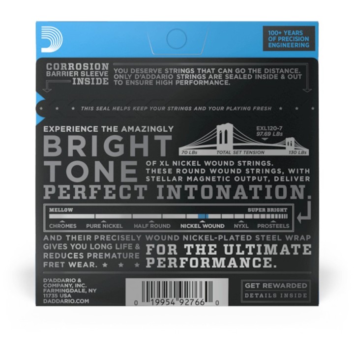 D'Addario - EXL120-7 Corde per Chitarra Elettrica 7 Corde, Nickel Wound, 7-String, Super Light