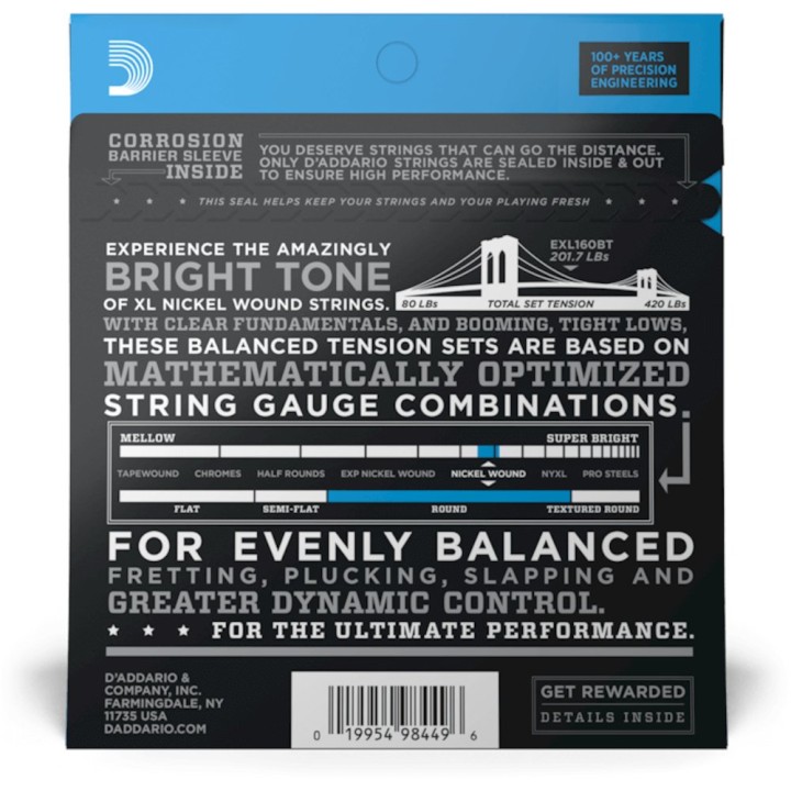 D'Addario - EXL160BT Corde per Basso Elettrico, Nickel Wound, Balanced, Tension Medium, Long Scale