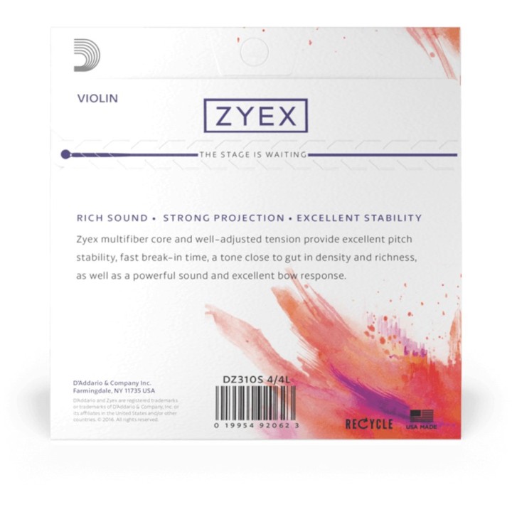 D'Addario - DZ310S 4/4M Corde per Violino, Zyex, Set With Silver D, 4/4 Scale, Medium Tension