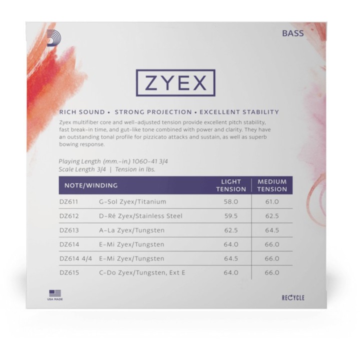 D'Addario - DZ610 3/4M Corde per Contrabbasso, Zyex, Scala 3/4, Medium Tension