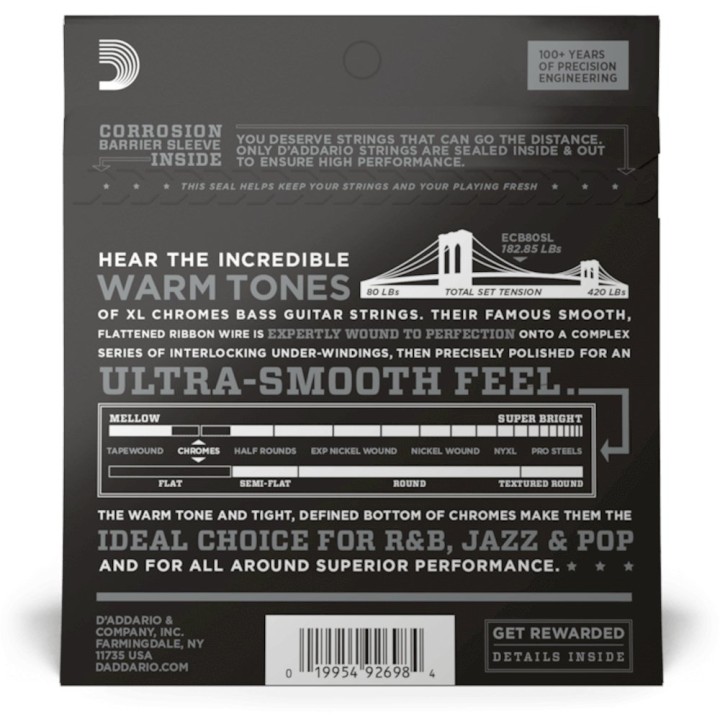 D'Addario - ECB80SL Corde per Basso, Light, Super Long Scale, 40-95