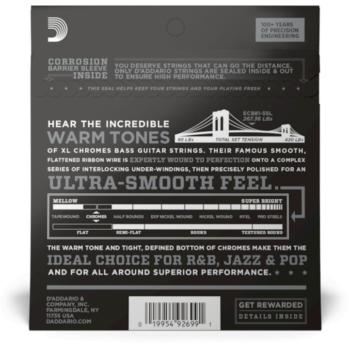 D'Addario - ECB81-5SL Corde per Basso 5 Corde, Chromes, Light, Super Long Scale