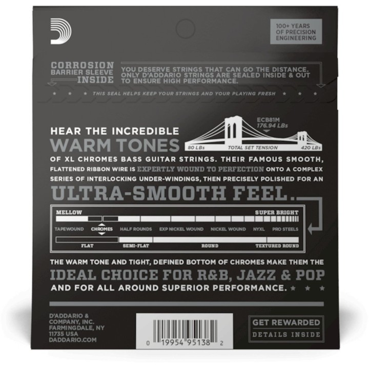 D'Addario - ECB81M Corde per Basso, Chromes, Light, Medium Scale