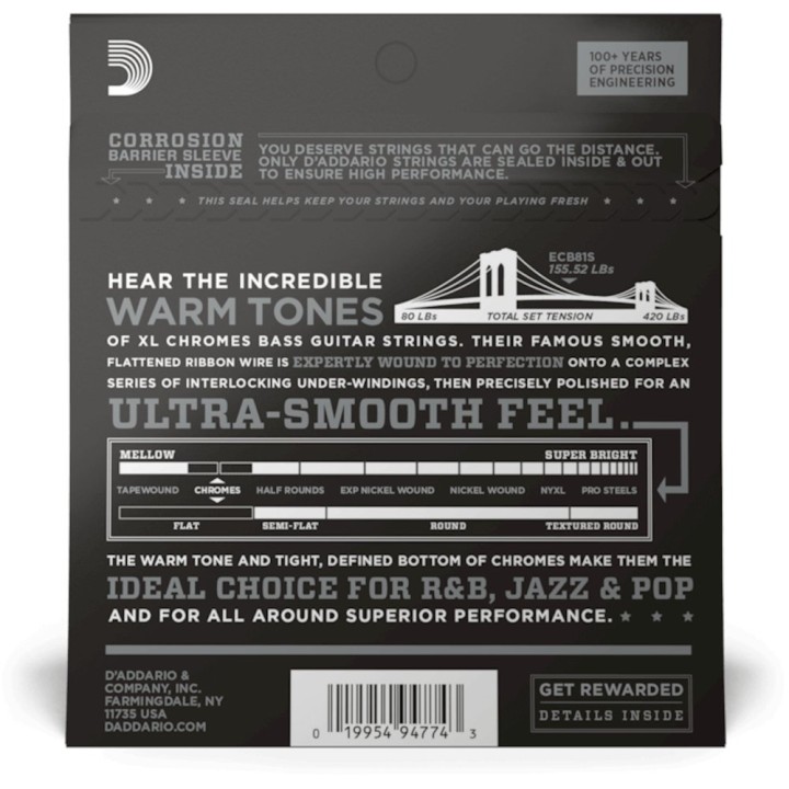 D'Addario - ECB81S Corde per Basso, Chromes, Light, Short Scale