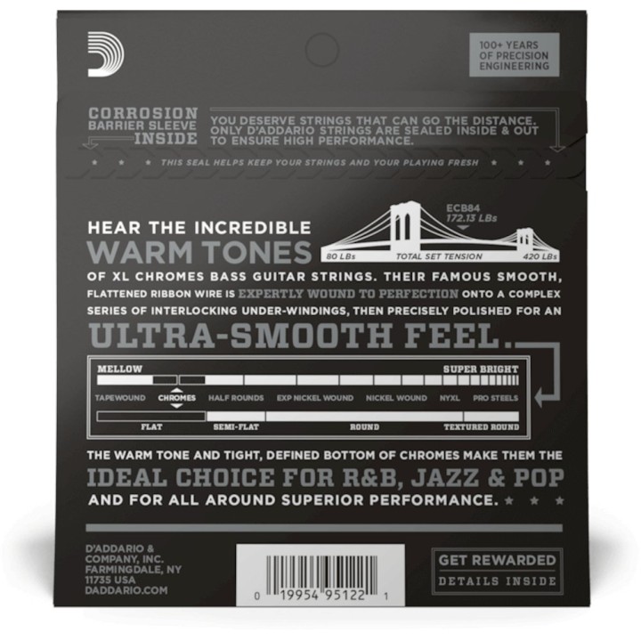 D'Addario - ECB84 Corde per Basso, Chromes Flat Wound, Custom Light, Long Scale