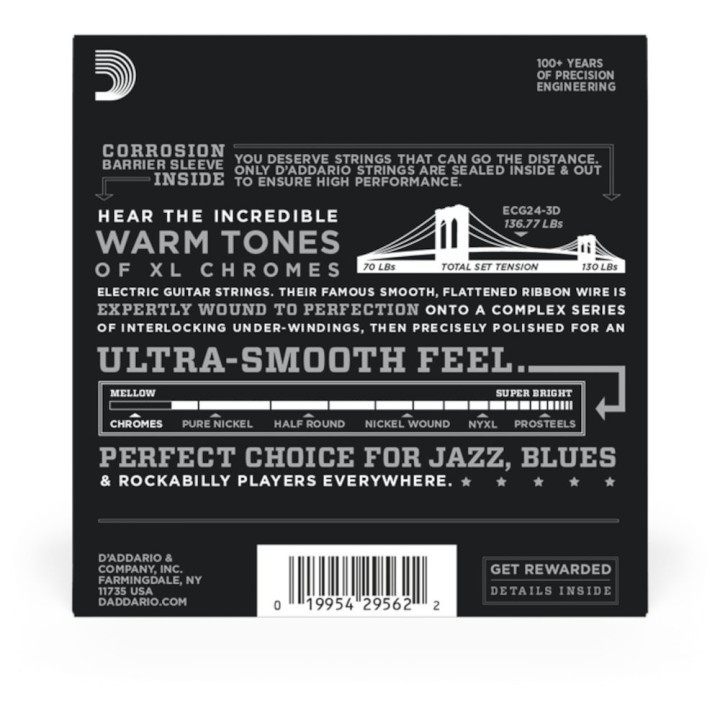 D'Addario - ECG24-3D Corde per Chitarra Elettrica, Chromes, Flat Wound, Jazz Light, 11-50