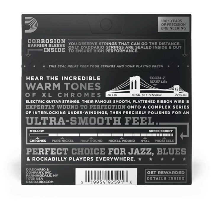 D'Addario - ECG24-7 Corde per Chitarra Elettrica 7 Corde, Chromes Flat Wound, Jazz Light