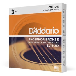 D'Addario - EJ15-3D Corde per Chitarra Acustica, Phosphor Bronze, Extra Light, 3-Set