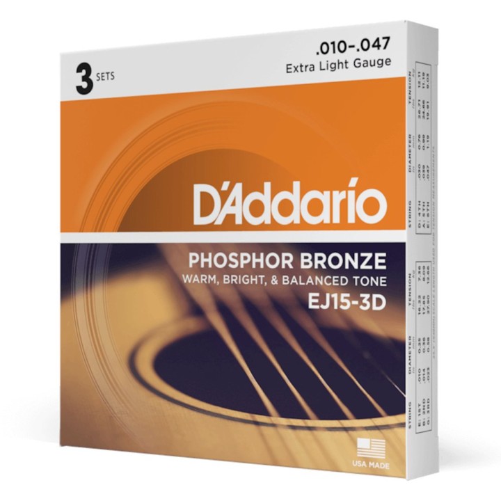 D'Addario - EJ15-3D Corde per Chitarra Acustica, Phosphor Bronze, Extra Light, 3-Set