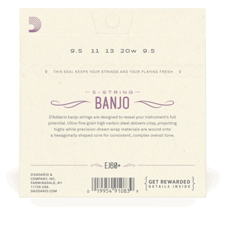 D'Addario - EJ60+ 5 - Corde per Banjo 5 Corde, Nickel, Light Plus, 9,5-20