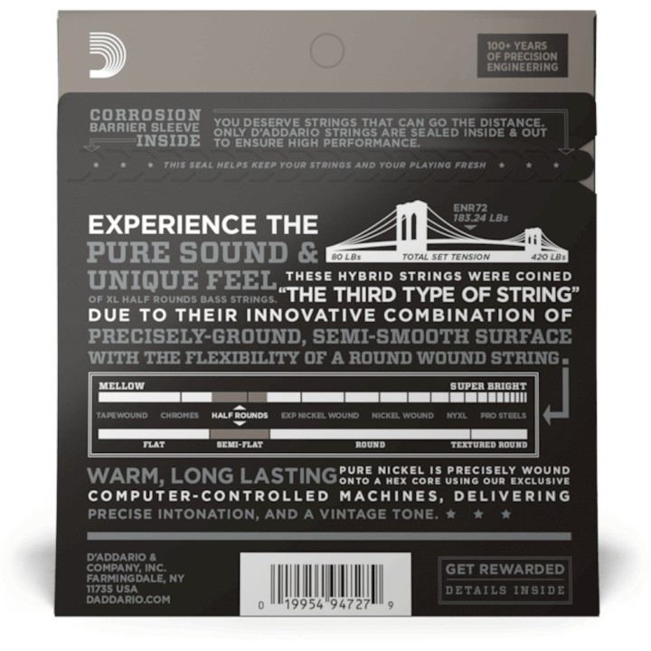 D'Addario - ENR72  Corde per Basso Elettrico, Half Round, Medium, Long Scale