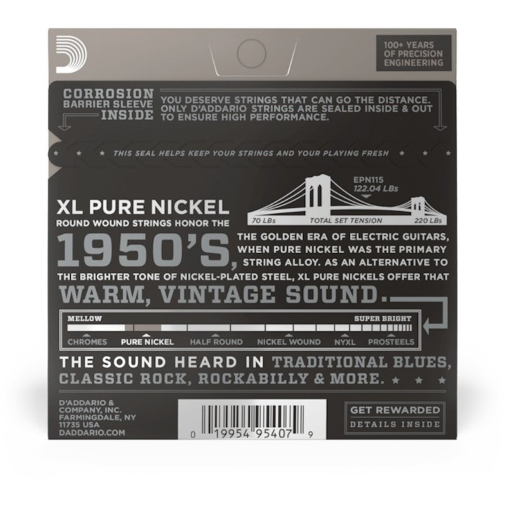 D'Addario - EPN115 Corde per Chitarra Elettrica, Pure Nickel, Blues/Jazz Rock