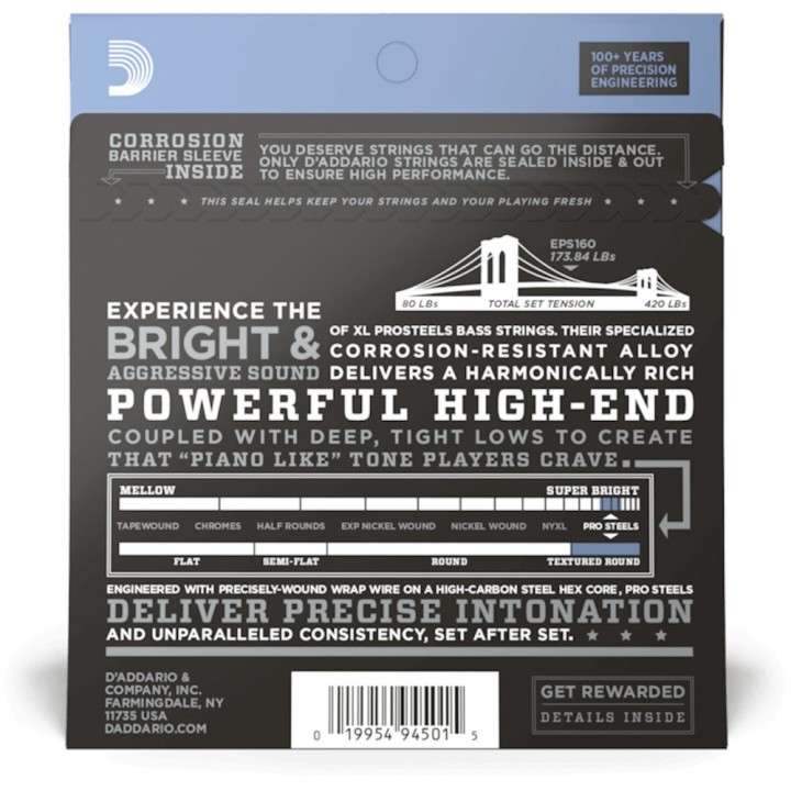 D'Addario - EPS160 Corde per Basso Elettrico, Prosteels, Medium, Long Scale