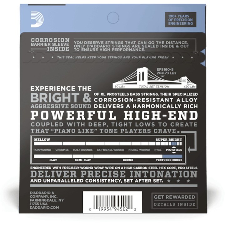 D'Addario - EPS160-5 Corde per Basso Elettrico 5 Corde, Prosteels, Medium, Long Scale