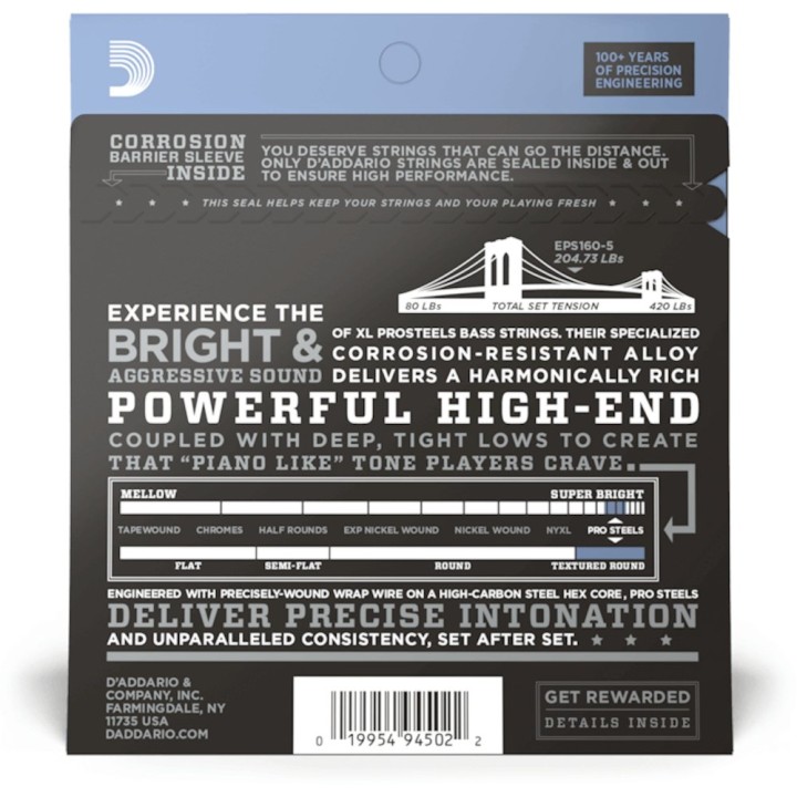 D'Addario - EPS165-5 Corde per Basso Elettrico 5 Corde, Prosteels, Custom Light, long Scale
