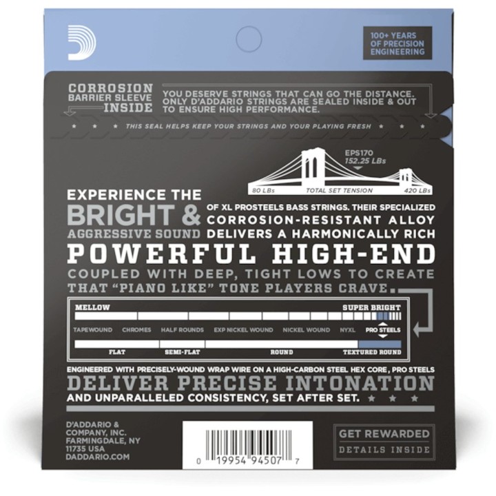 D'Addario - EPS170 Corde per Basso Elettrico, Prosteels, Light, Long Scale