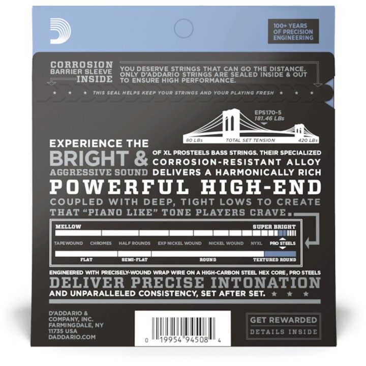 D'Addario - EPS170-5 Corde per Basso Elettrico 5 Corde, Prosteels, Light, Long Scale