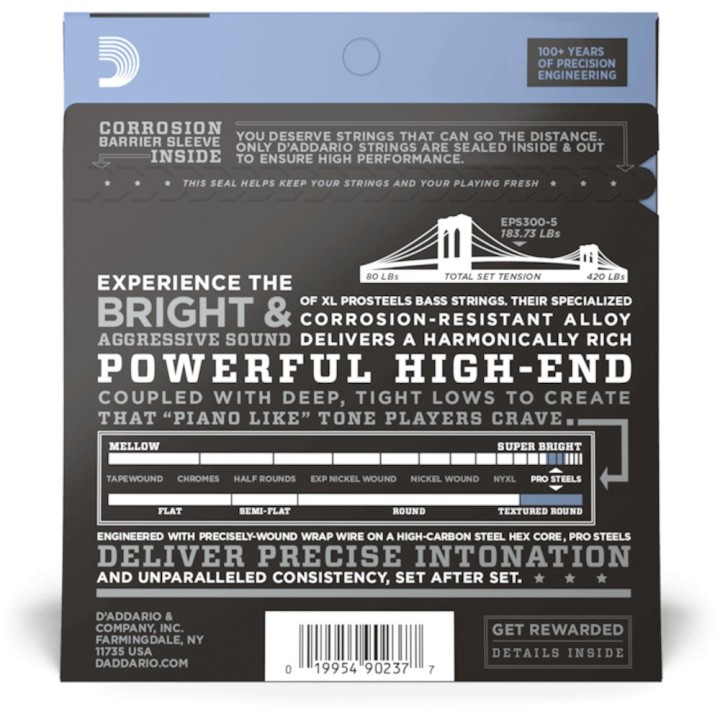 D'Addario - EPS300-5 Corde per Basso Elettrico 5 Corde, Prosteels, Custom Light, Long Scale
