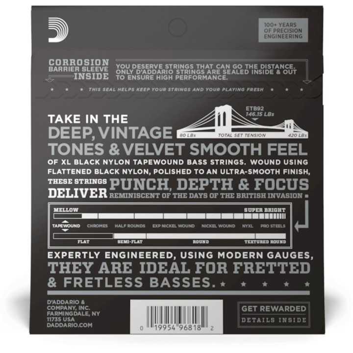 D'Addario - ETB92 Corde per Basso Elettrico, Tapewound, Medium, Long Scale