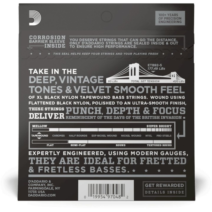 D'Addario - ETB92-5 Corde per Basso Elettrico 5 Corde, Tapewound, Medium, Long Scale
