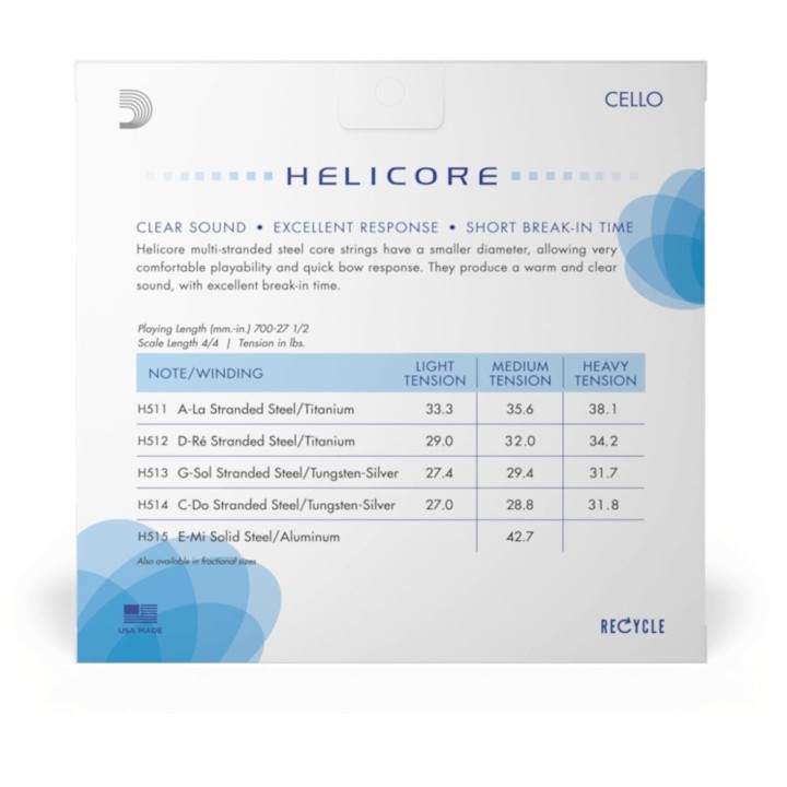 D'Addario - H510 4/4M Corde per Violoncello, Helicore, Medium Tension, Scala 4/4