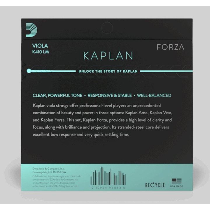D'Addario - K410 LM Corde per Viola, Kaplan, Long Scale, Medium Tension