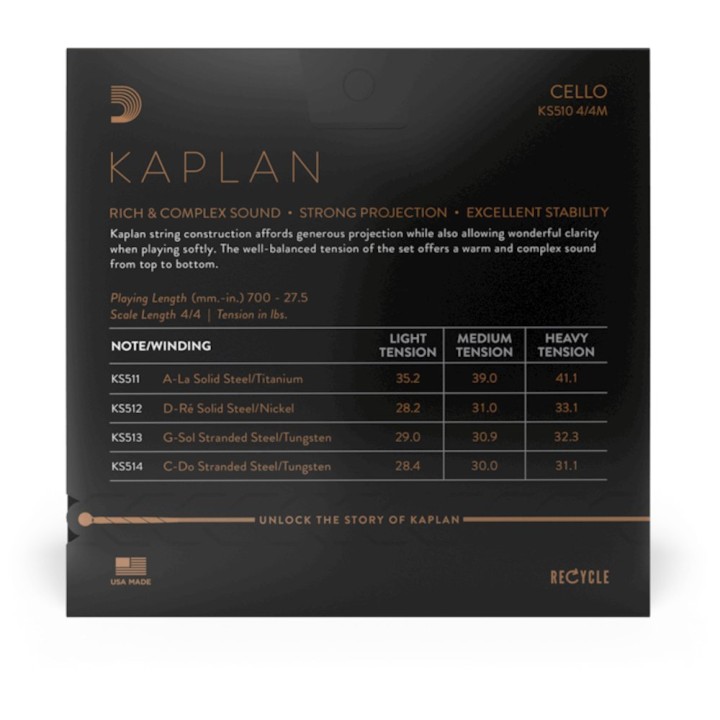 D'Addario - KS511 4/4M Corda Singola LA per Cello, Kaplan, Medium Tension, Scale 4/4
