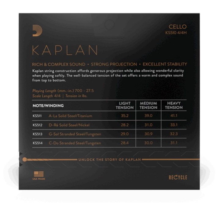 D'Addario - KS511 4/4H Corda singola LA per cello, Kaplan, High Tension, Scale 4/4