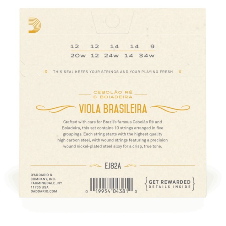 D'Addario - EJ82A Corde per Viola Brasileira, Cebolao Re And Boiadeira, Nickel