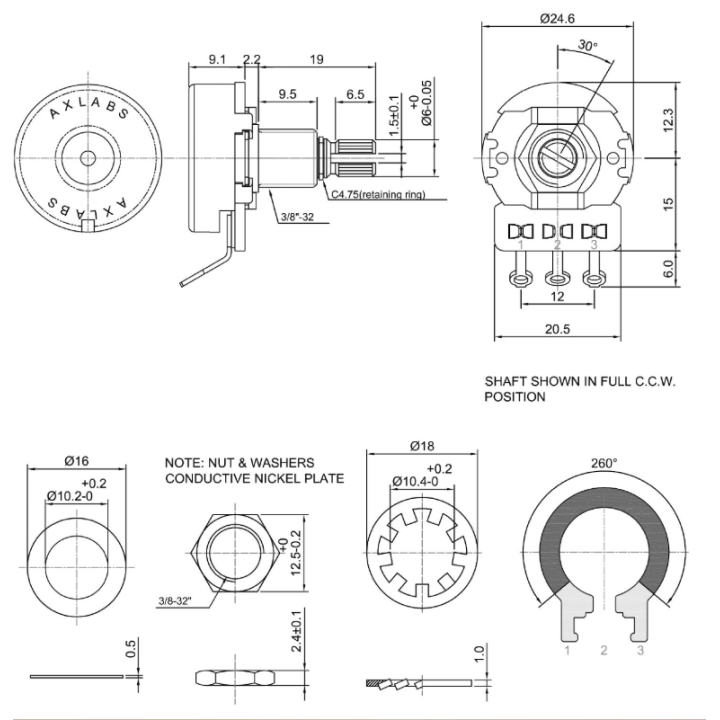 Acquista Axlabs Ax-A250-M Potentiometer 250k Audio Split Shaft Medium online | Merula Strumenti Musicali