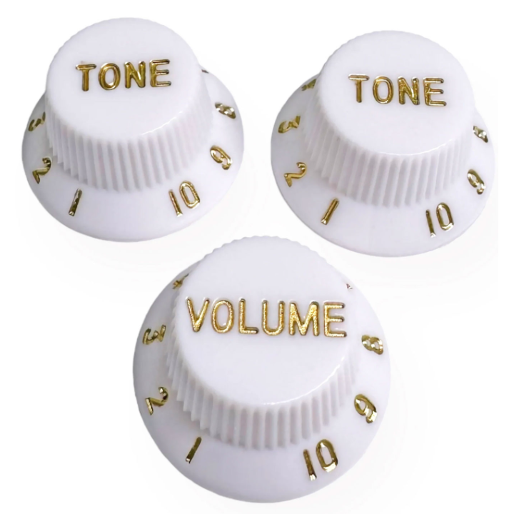 Acquista Axlabs Ax-L581572 Knob Strat Style Lefty White/Gold Font 3pcs online | Merula Strumenti Musicali