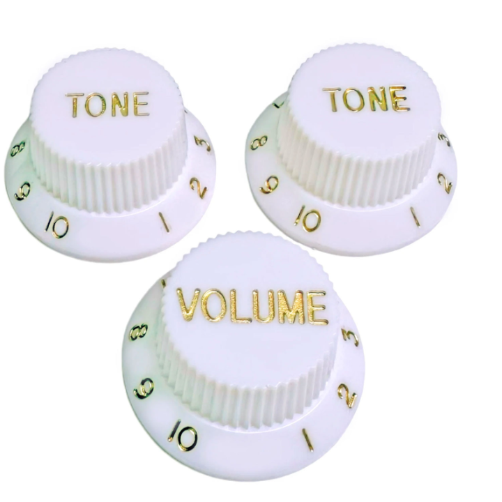 Acquista Axlabs Ax-L479498 Knob Strat Style White/Gold Font 3pcs online | Merula Strumenti Musicali